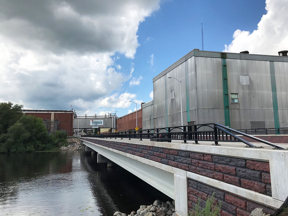 City of Park Falls, Wisconsin, new bridge on State Highway 182 over the Flambeau River next to Flambeau River Papers. An award-winning bridge design by MSA Professional Services, Inc. 