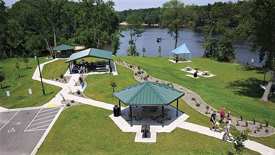 Aerial image of park shelters and lake in Lake Delton, Wisconsin.