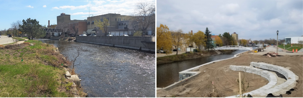 Before and During Construction images of a new riverwalk in West Bend, Wisconsin
