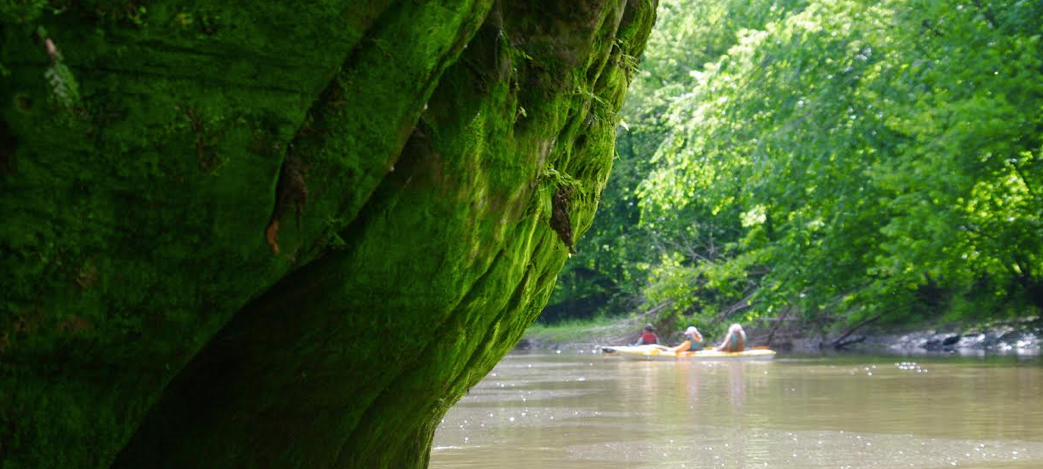 Kayakers and canoeists enjoying a day paddling the Baraboo River in Wisconsin