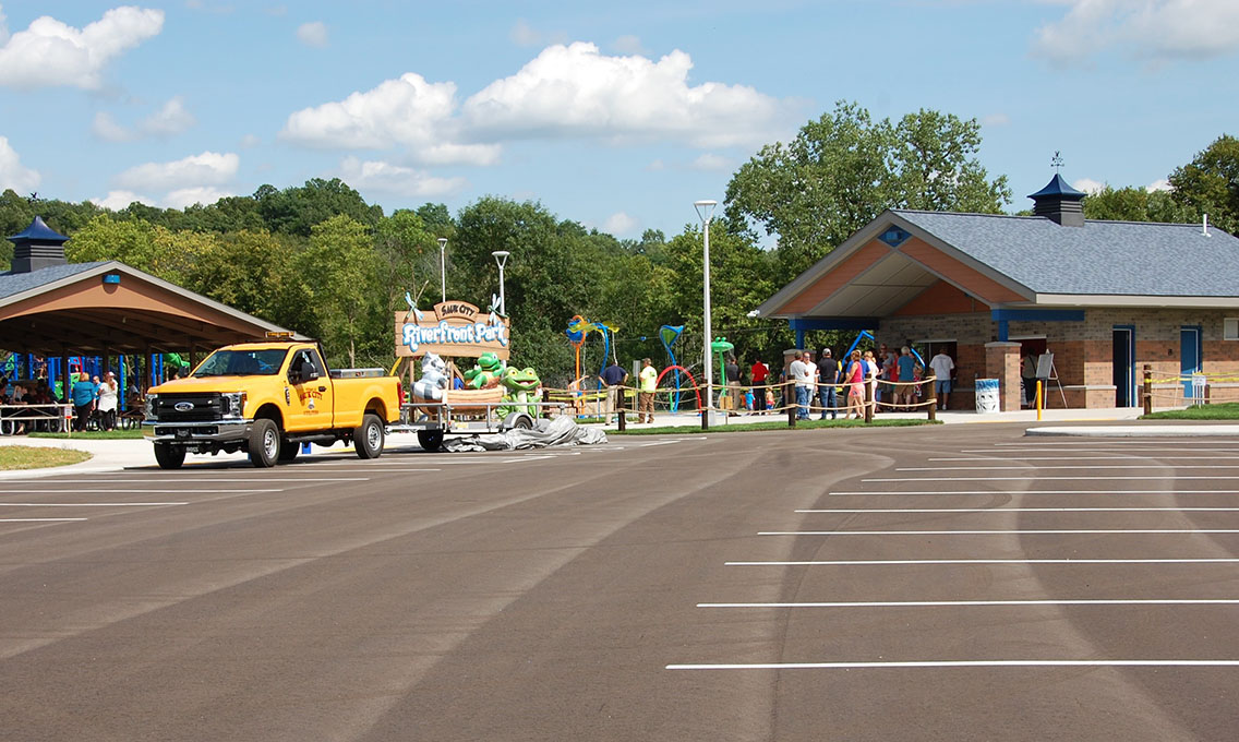 New splash pad, playground, ADA restroom and shelter at Sauk City Riverfront Park in Sauk City, Wisconsin - design and project by MSA Professional Services. 