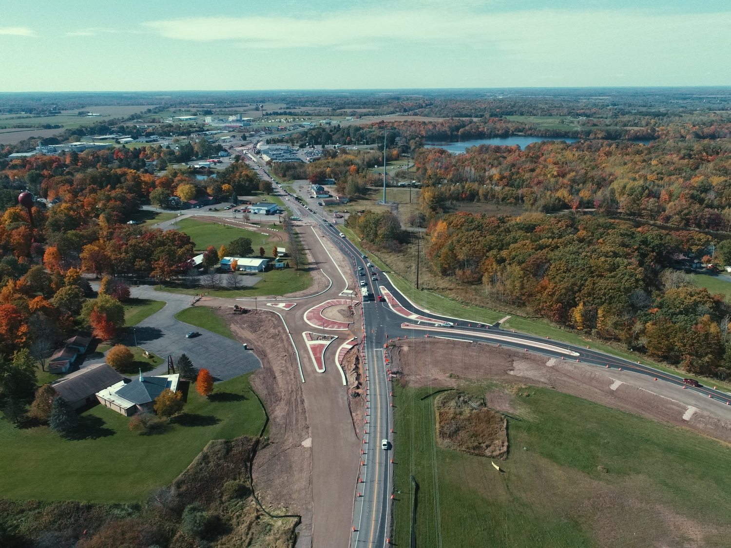 During construction of a new roundabout at the intersection of U.S. Highway 8/63 and County K/Norway Road in the Village of Turtle Lake, Wisconsin. Designed by MSA Professional Services.