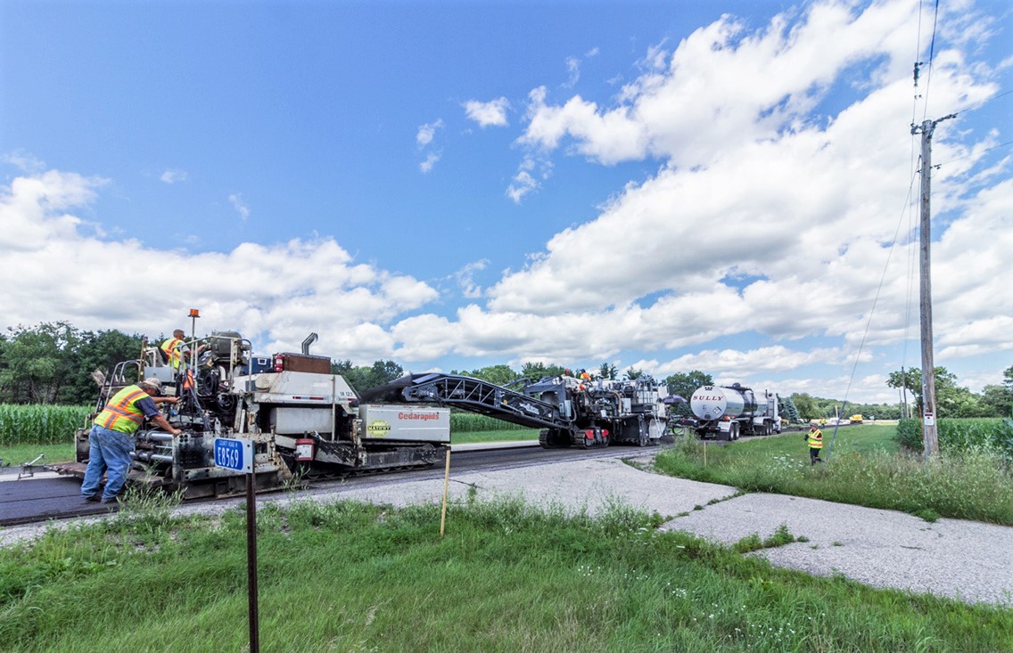 Cold-in-Place Recycling technique being used on county highway H in Sauk County, Wisconsin. Project design by MSA Professional Services.