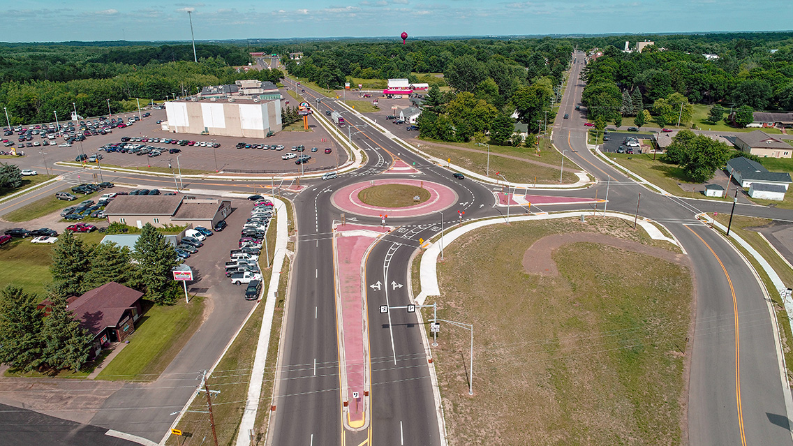 New roundabout at the intersection of U.S. Highway 8/63 and County K/Norway Road in the Village of Turtle Lake, Wisconsin. Designed by MSA Professional Services.