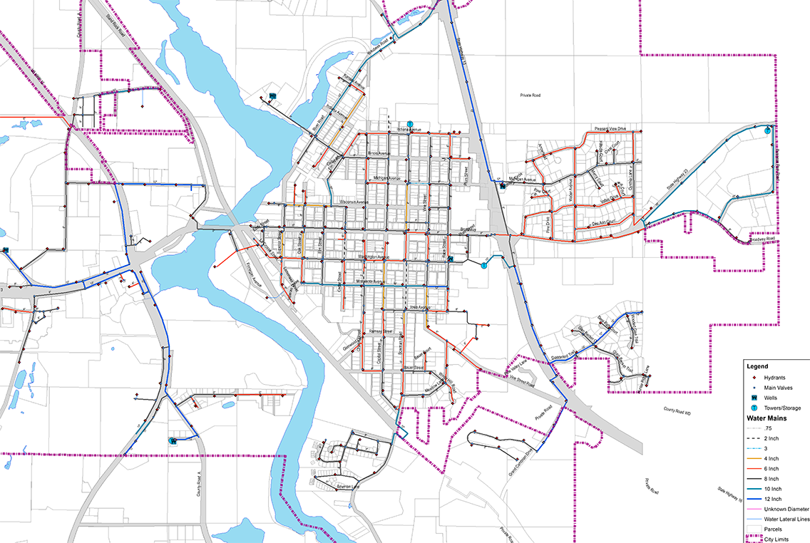 Water system map of pipe, hydrant and well locations in Wisconsin Dells, Wisconsin