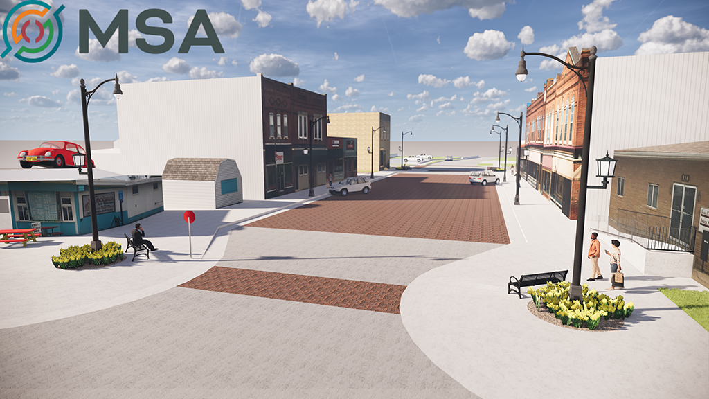 A design rendering by MSA Professional Services shows the reconstruction of historic Main Street in La Porte City, Iowa, with brick pavers and updates to neighboring Wolf Creek park. 