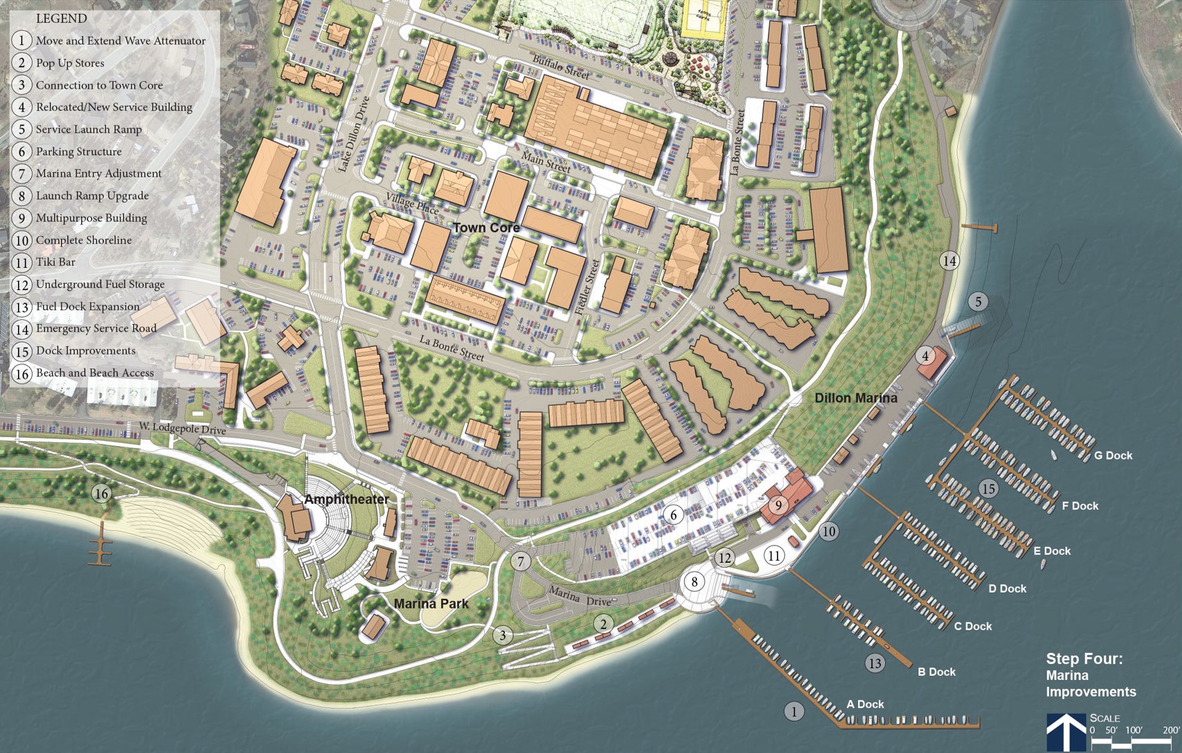 Aerial rendering of a Waterfront Master Plan for Dillon, Colorado