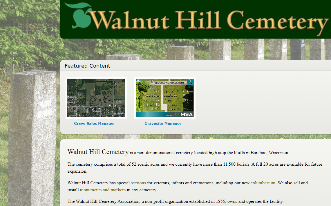 Walnut Hill Cemetery home page showing how it uses GIS to track plot and grave location and management. 