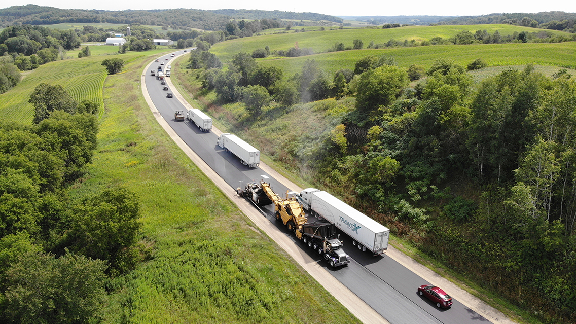 Aerial view of Wisconsin state highway 93, reconstructed with cold in-place recycling methods to re-use existing asphalt material.