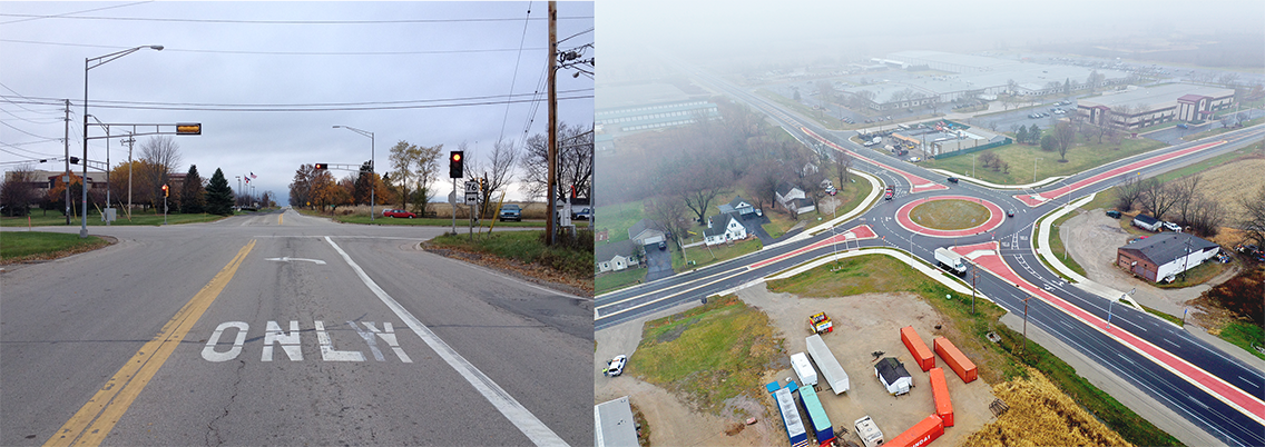Before and after photos of the intersection of Wisconsin county trunk highway JJ, now with a new roundabout to improve safety. 