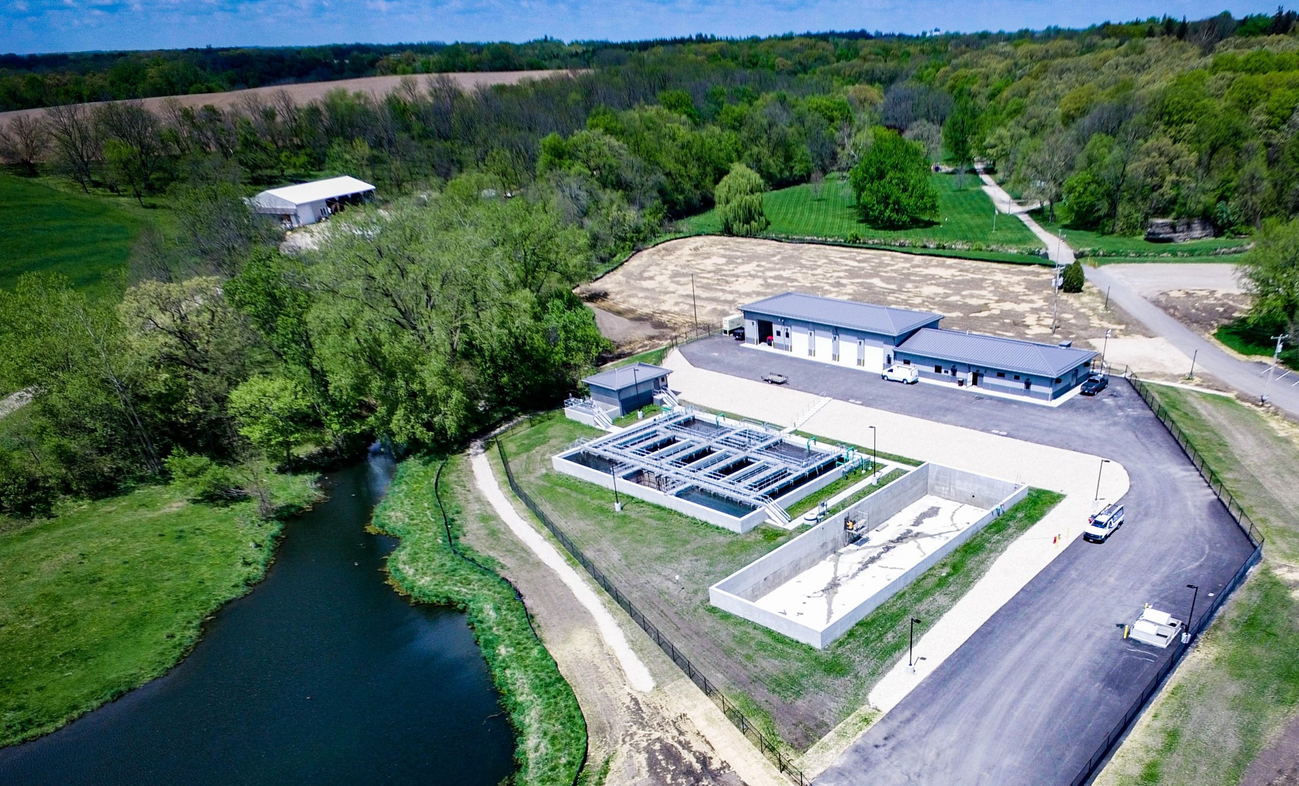 Aerial view of a new treatment plant in Mount Carroll, Illinois, constructed above the 500-year flood elevation.