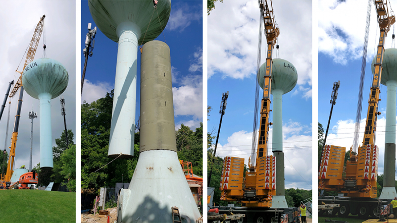 Lake Geneva water utility in Wisconsin increases water capacity by lifting their existing water tank and welding it onto a 30-foot extension.