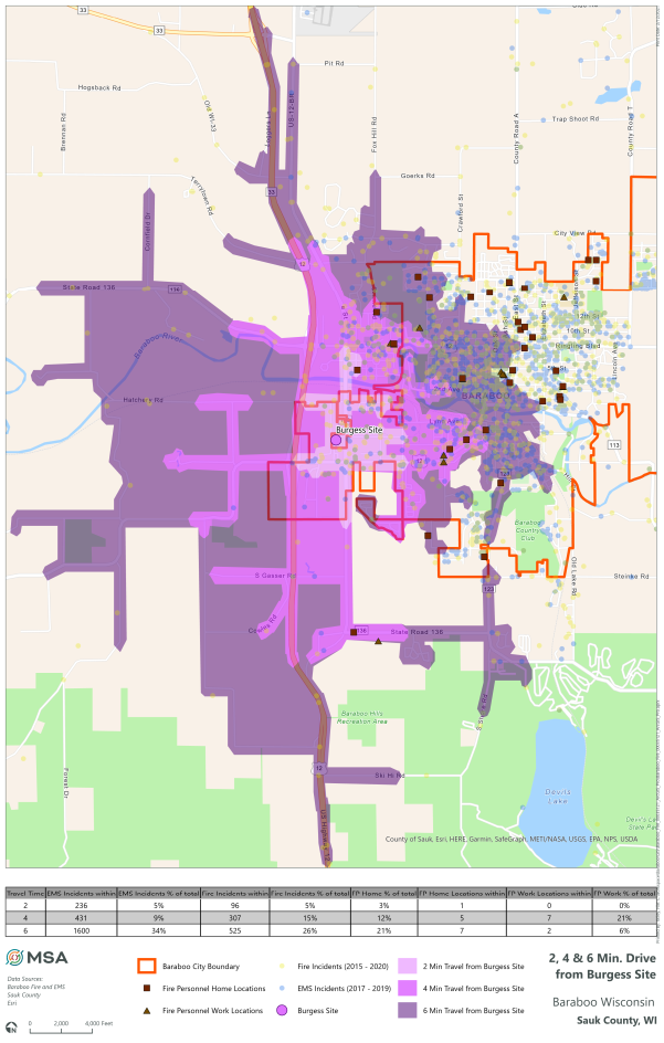 Site selection for a new fire station in Baraboo, Wisconsin, used GIS to map drive times for first responders.