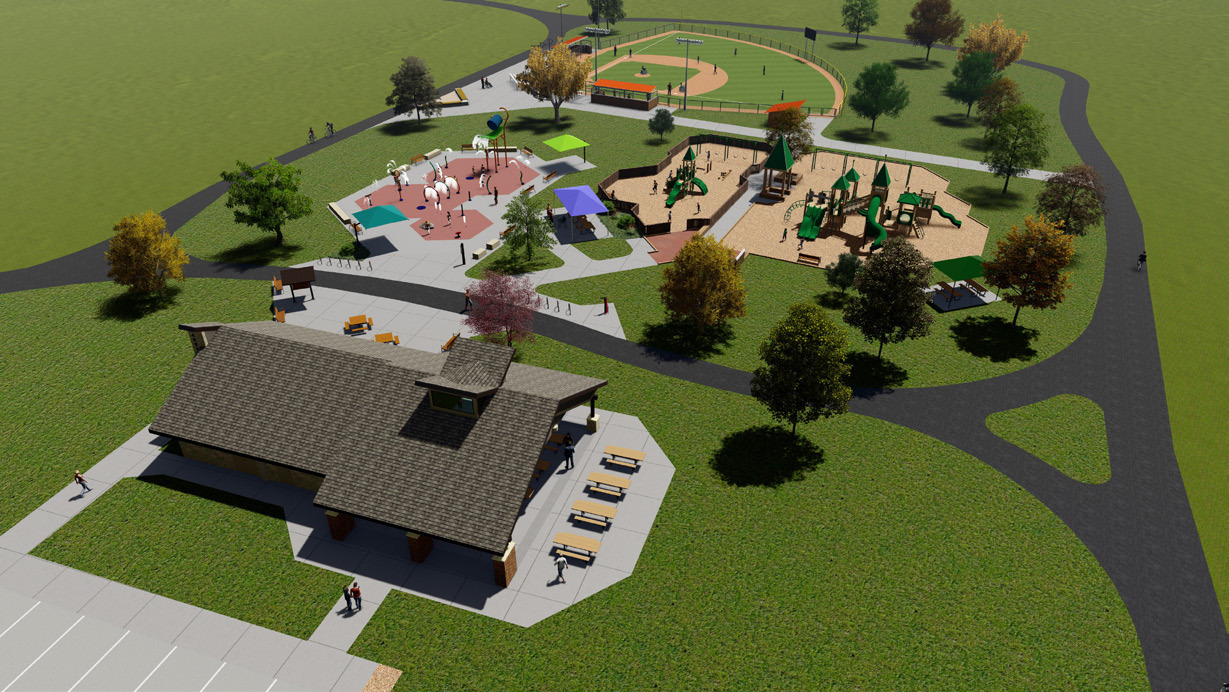 Design rendering of Bakken Park in Cottage Grove, Wisconsin, with new community splash pad, restroom and concessions building, ADA accessibility and connection to Miracle League Field.