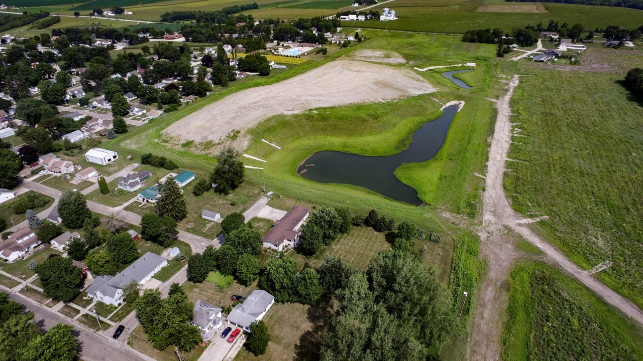 Detention basins in sumner, iowa, collect stormwater from local watersheds.