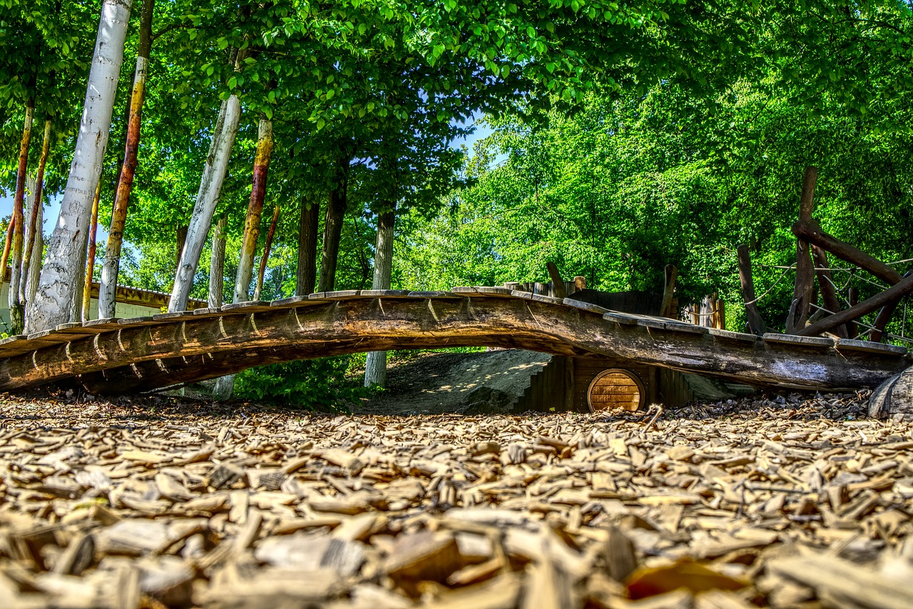 A wooden play bridge blends in with the natural surroundings 