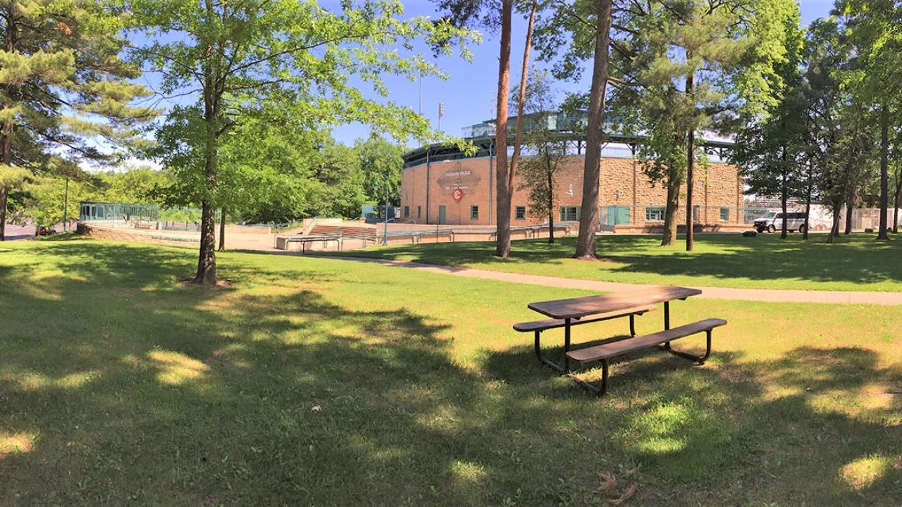 Master planning for Carson Park in Eau Claire, Wisconsin, retains large pine trees and the Carson Park Baseball Stadium, once home to Hank Aaron.