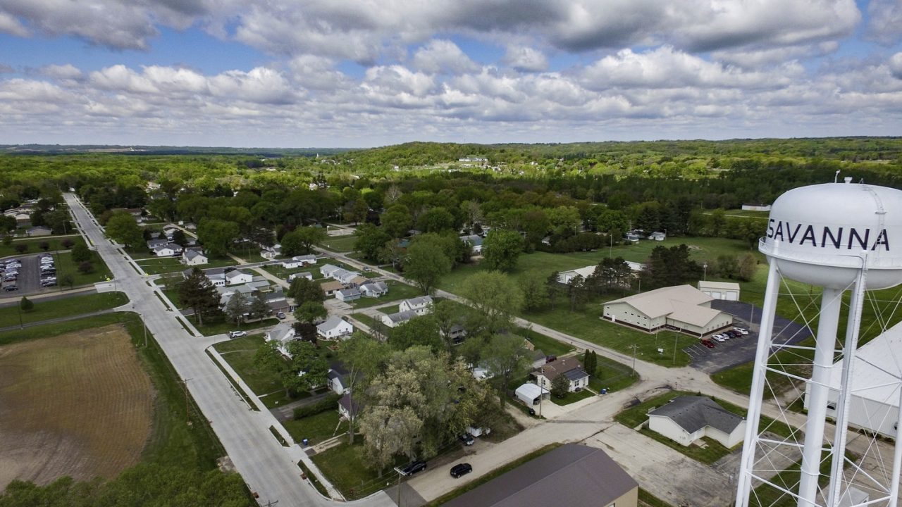 Drone photograph of reconstructed Wacker Road in Savanna, Illinois, with improved surface, ADA compliance, school access and utilities.