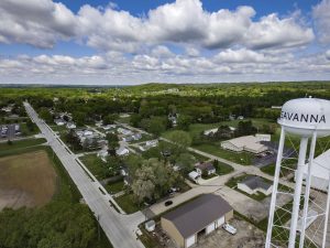 Drone photograph of reconstructed Wacker Road in Savanna, Illinois, with improved surface, ADA compliance, school access and utilities.