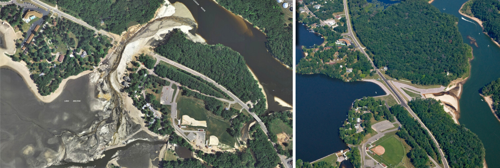 Before and after aerial imagery of a flood in Lake Delton, Wisconsin, with new dam, roadway reconstruction and utility repair. 