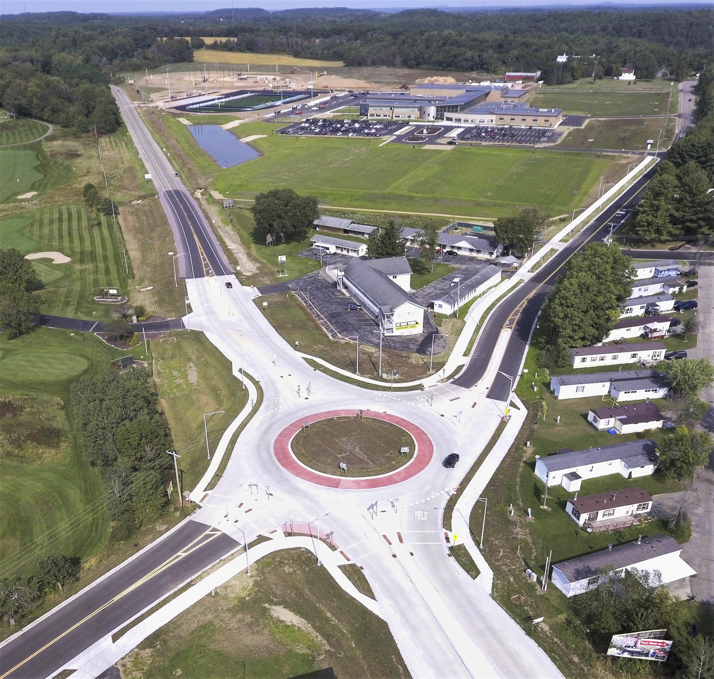 New roundabout at the intersection of USH 12 and CTH A in the City of Wisconsin Dells provides a safe route to the Wisconsin Dells High School.