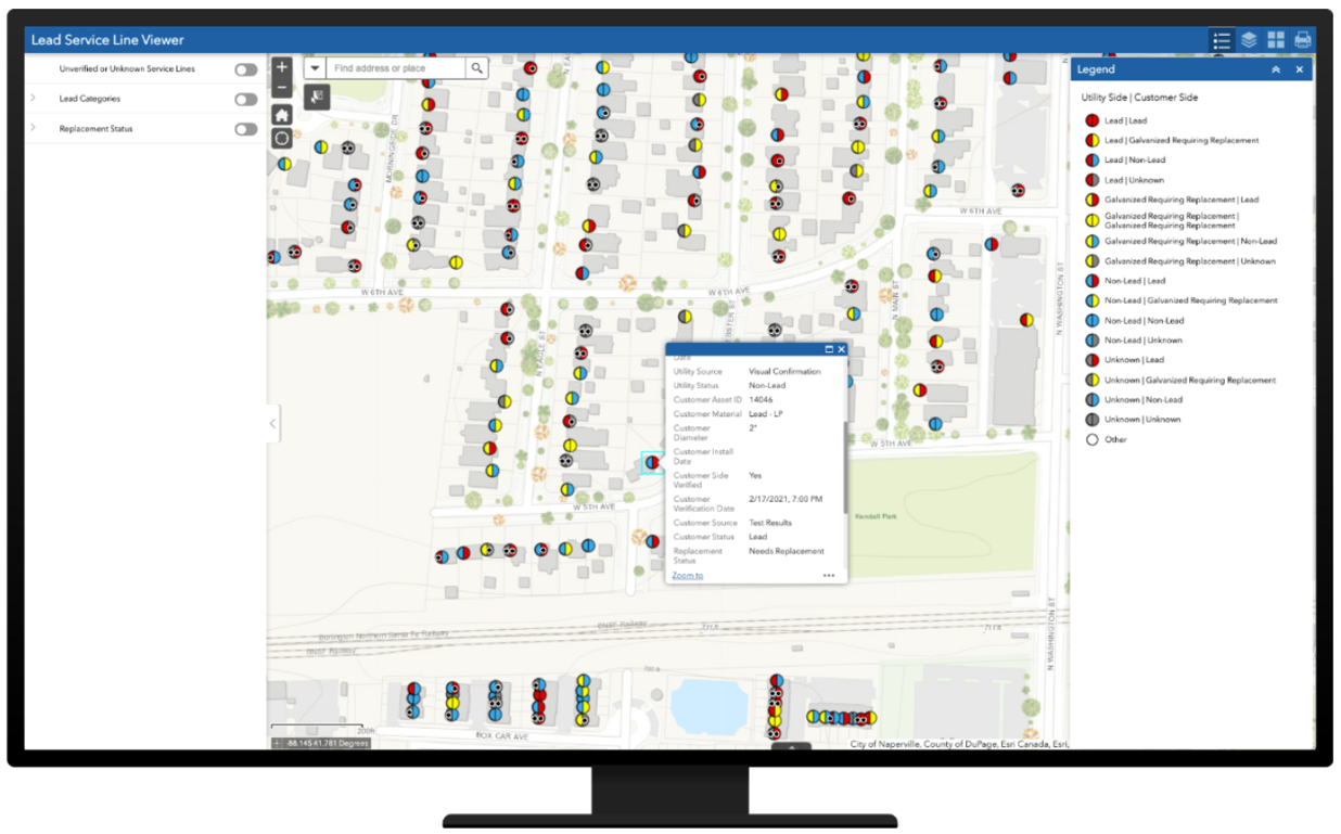 Screenshot of GIS map used to inventory and identify the presence of lead service lines in a community.