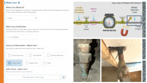 Image showing a GIS community survey to determine the presence of lead and copper in water meter lines and how to properly test for pipe materials. 