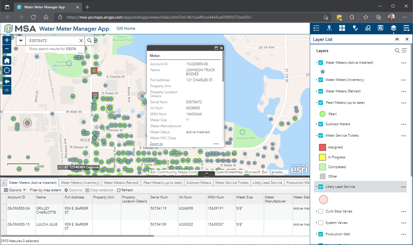 Screen shot of a water meter manager application, showing how GIS can be used to track residential lead services lines
