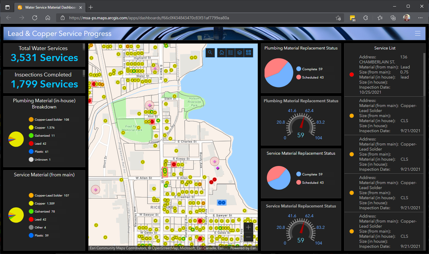 GIS dashboard showing progress of inventorying and inspecting community lead service lines