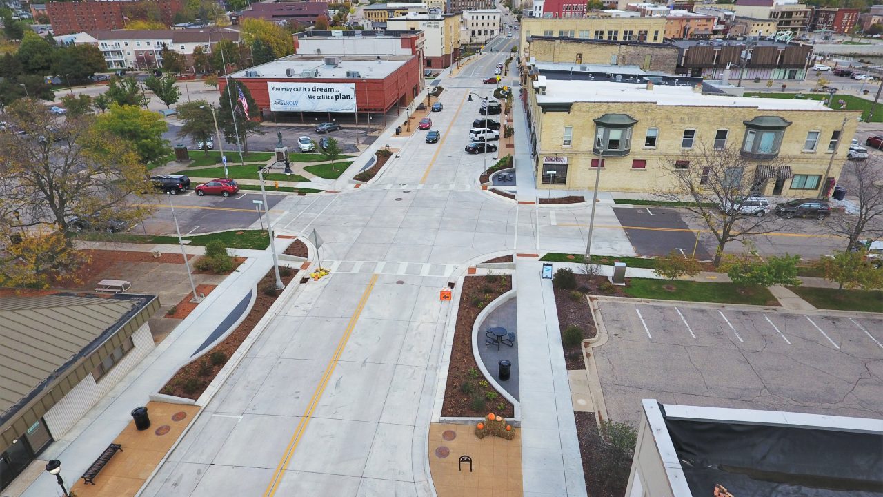 Aerial view of the reconstruction of West Milwaukee Street in Janesville, Wisconsin, with upgraded roadway, utilities, ADA compliance and streetscaping.