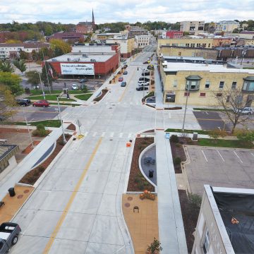 Aerial view of the reconstruction of West Milwaukee Street in Janesville, Wisconsin, with upgraded roadway, utilities, ADA compliance and streetscaping.