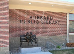 Charming bronze sculpture outside the new library in Hubbard, Iowa. 