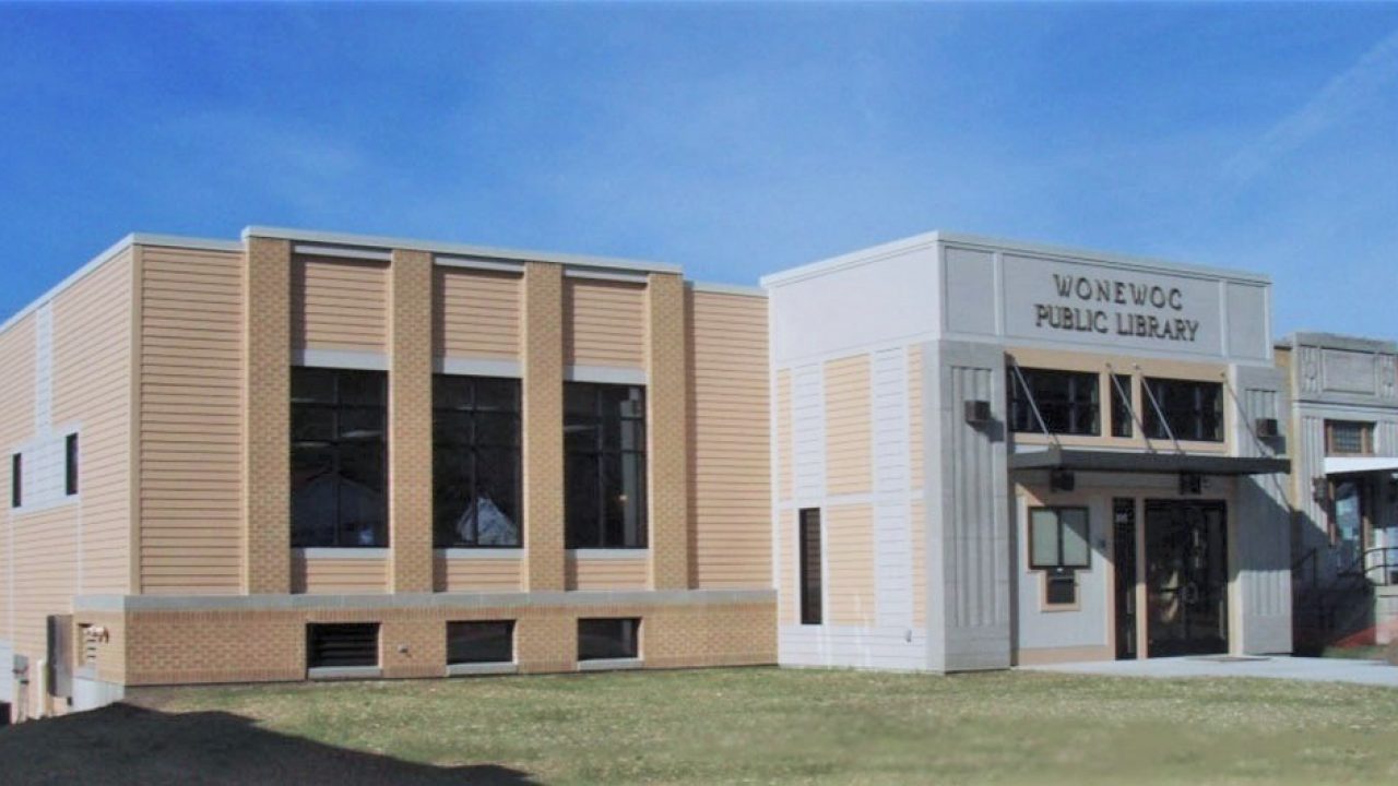 View of the remodeled exterior of the public library in Wonewoc, Wisconsin.