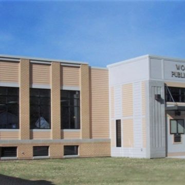 View of the remodeled exterior of the public library in Wonewoc, Wisconsin.