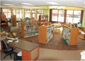Book collection space inside the new public library in Hubbard, Iowa. 
