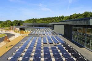 Rooftop view of solar panel array at Forest Edge Elementary School in Wisconsin
