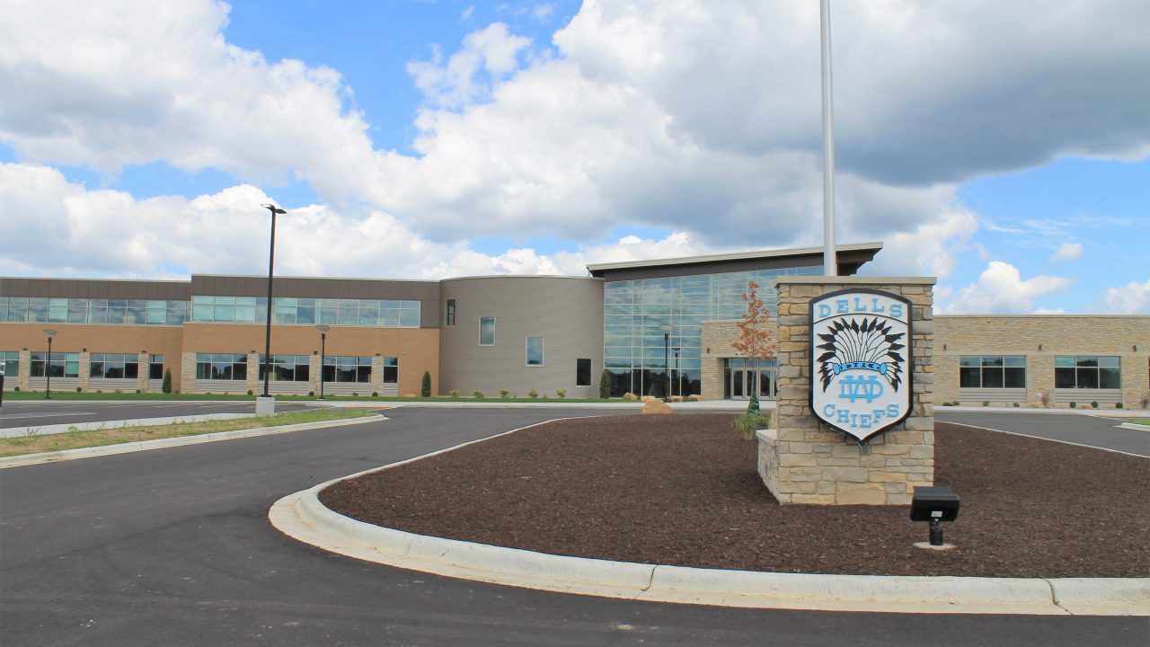 Image of the front entry to the new Wisconsin Dells High School