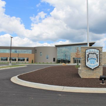 Image of the front entry to the new Wisconsin Dells High School
