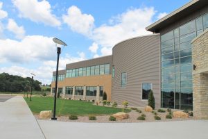 Image of the exterior of a new high school in Wisconsin Dells.