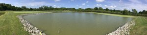 Image of large wastewater treatment pond with distant trees and blue skies at Myre-Big Island State Park in Minnesota