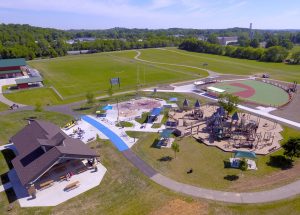 Aerial photograph of improvements at Phoebe Bakken Park in Cottage Grove, Wisconsin, which was designed to be fully ADA compliant. 