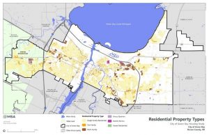 Graphic image of map showing residential property types per parcel as part of a housing study developed by MSA Professional Services. 