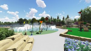 3D rendering of a Fireman's Park in Verona, Wisconsin showing a splash pad, landscaping and community building.