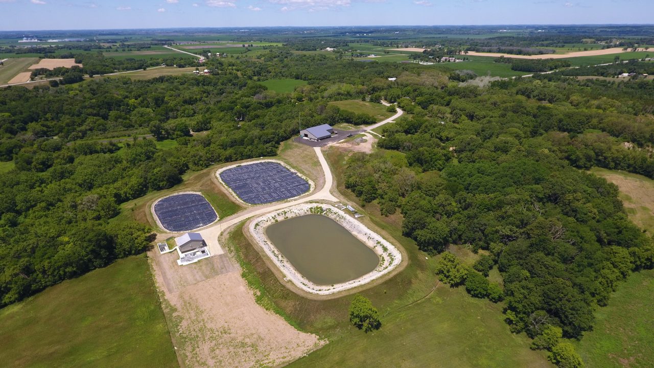Aerial view of new wastewater treatment facility lagoons with new public works garage in the Village of Palmyra, Wisconsin. Work completed by MSA Professional Services.