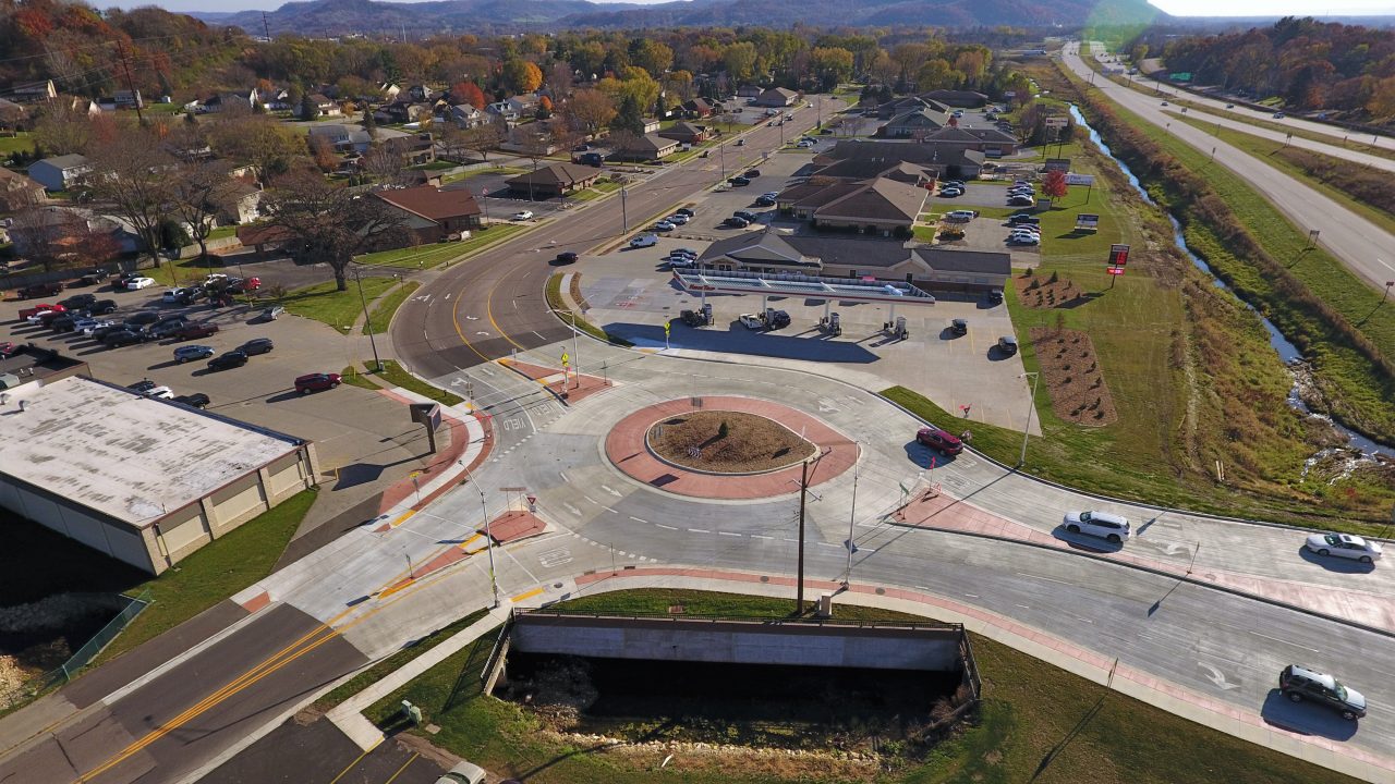 Aerial photo of a new roundabout at the intersection of East Main Street and Green Coulee Road in Onalaska, Wisconsin.