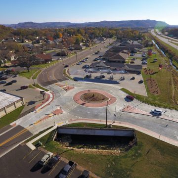 Aerial photo of a new roundabout at the intersection of East Main Street and Green Coulee Road in Onalaska, Wisconsin.
