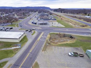 Aerial image of troublesome intersection at East Main Street and Green Coulee Road in Onalaska, Wisconsin, before the design and installation of a new roundabout.