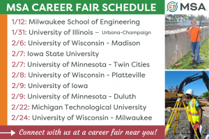 Schedule of career and internship fairs the company MSA Professional Services will be participating in during the winter of 2023. 