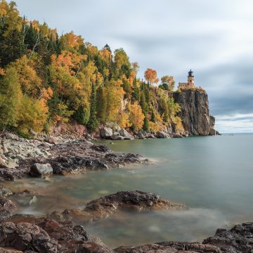 Professional photograph of Split Rock Lighthouse, a Minnesota Historic landmark on the shores of Lake Superior