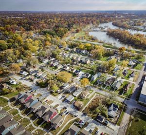 Aerial photograph of the Birdland neighborhood in Des Moines Iowa where a new development of affordable housing and "pocket neighborhood" plan established a cohesive, sought-after place to live. 